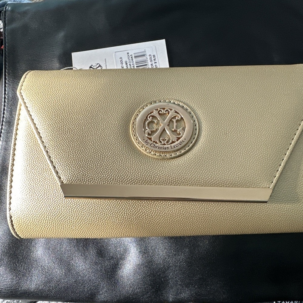 CXL By Christian Lacroix Glam Gold Caviar Clutch Crossbody Detachable Chain